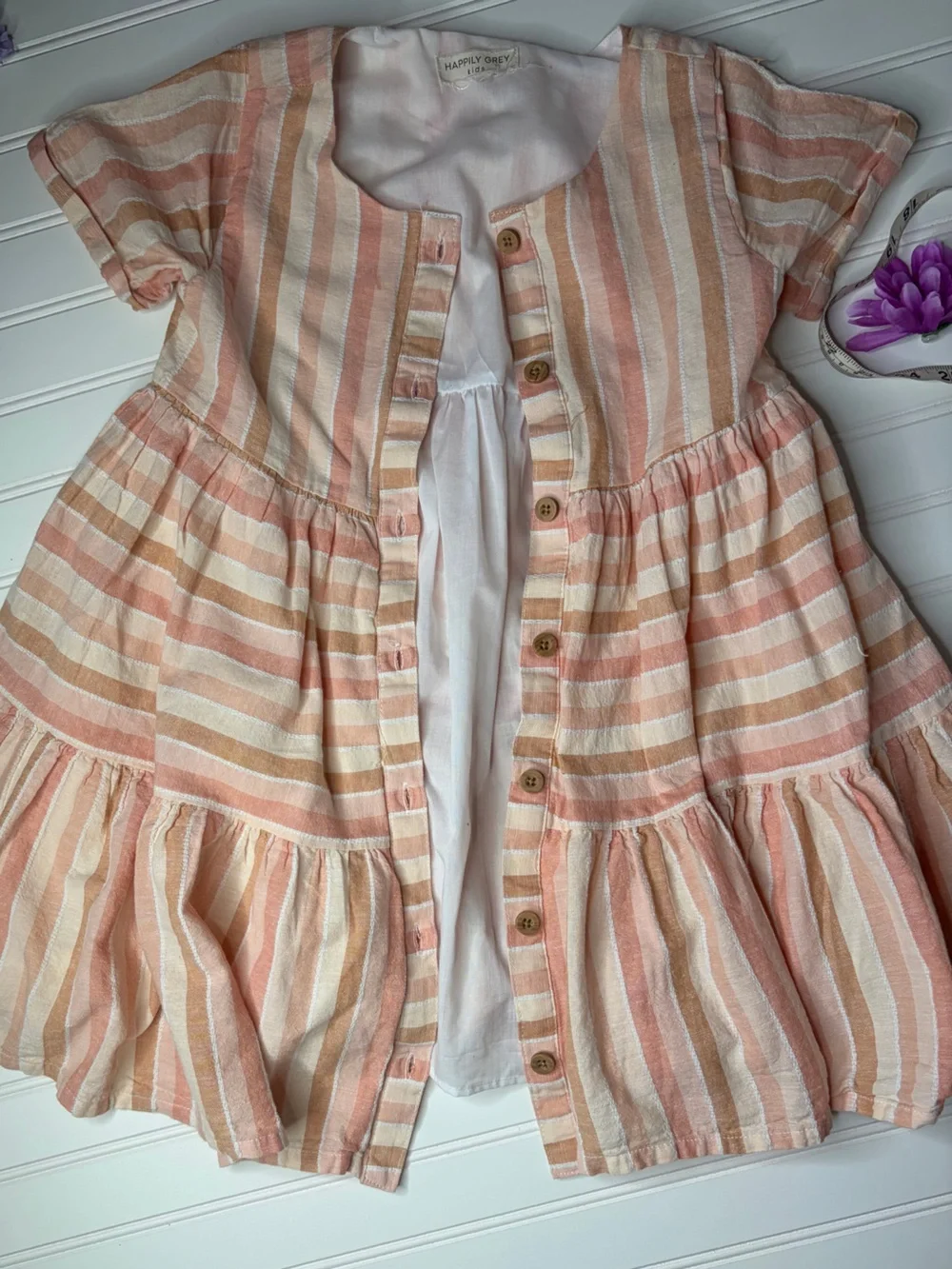 Girls' Striped Button-Front Summer Dress in Peach Cream Tan